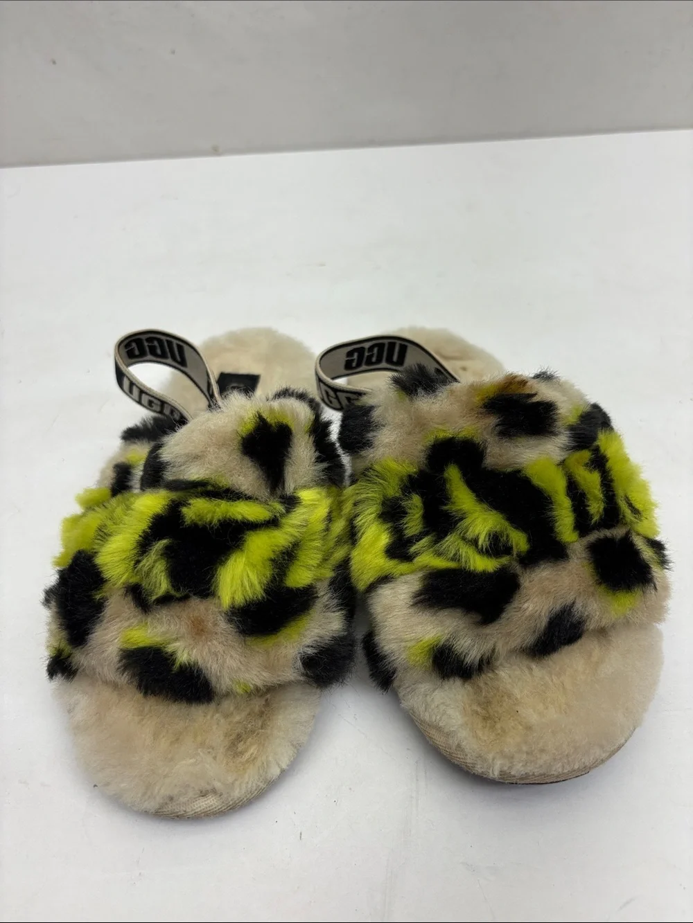 UGG Kids' Neon Leopard Print Fluff Slippers - Lime/Black, SZ 12 toddler, box 72